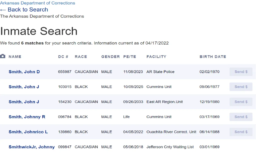 A screenshot of the Kansas Department of Corrections state prisoner search tool.