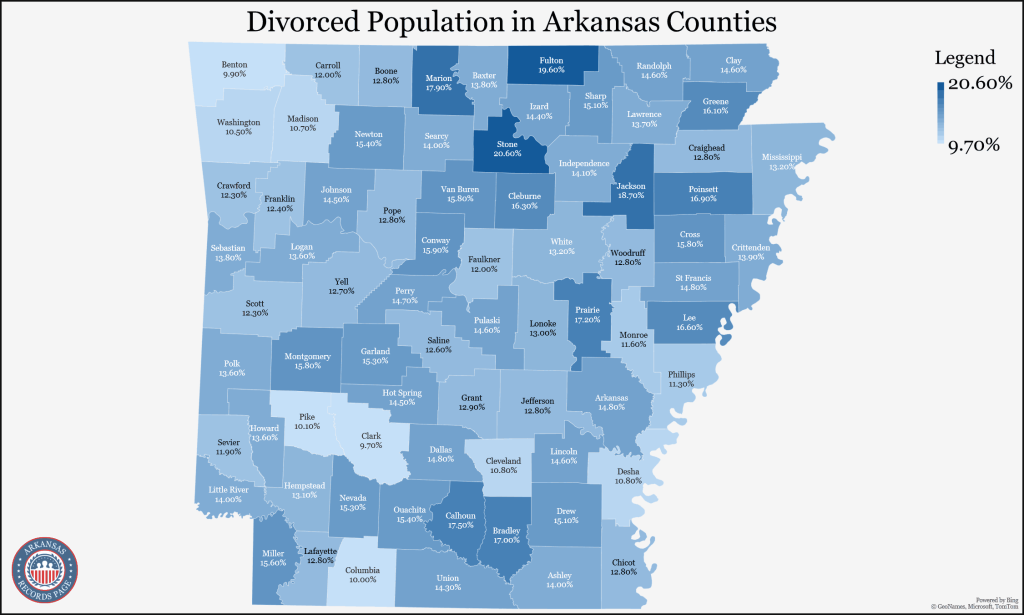 An image showing the map of Arkansas divided into counties with 5-year estimates up to 2021 of divorce rate data.