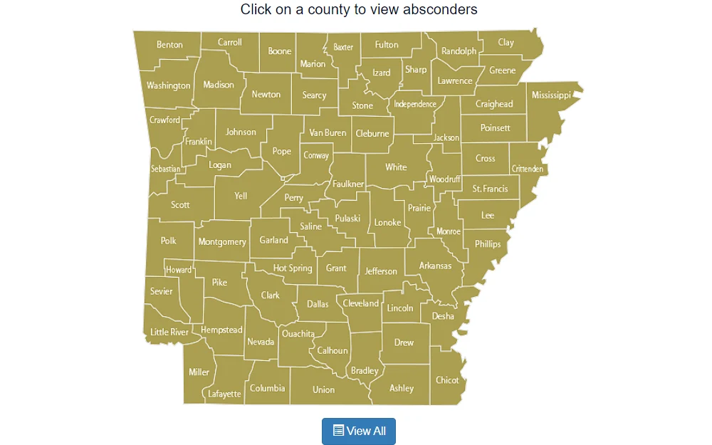 Screenshot of the state absconder search displaying an interactive state map with individual counties, and a view all button.