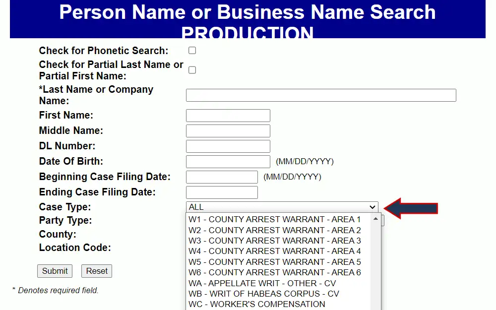 Screenshot of the case information search with fields for individual or company name, DL number, date of birth, beginning and ending cases filing dates, case and party types, county, and location code, with an arrow pointing to the expanded case type drop down.