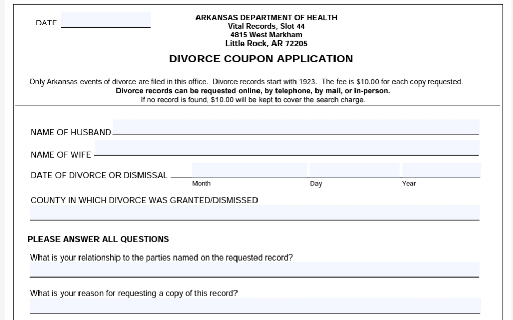 A screenshot of the form which asks for information including the name of each spouse, date of divorce, and county in which the divorce was granted.