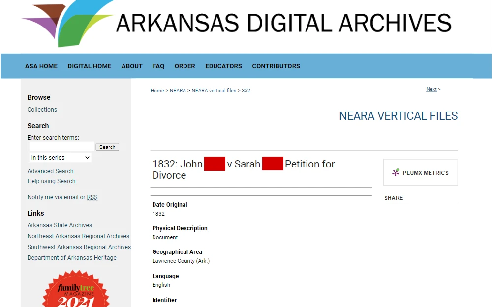 A screenshot of the search tool that allows the public to to search for archived records, and offers up to two hours of free research.