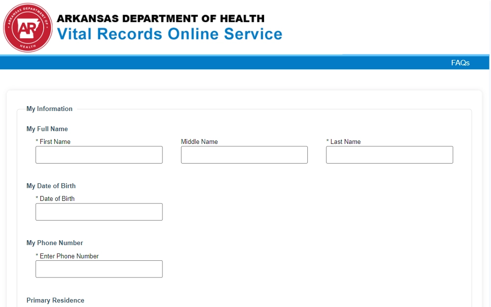 A screenshot of the online form to request divorce details from the Arkansas Department of Health.