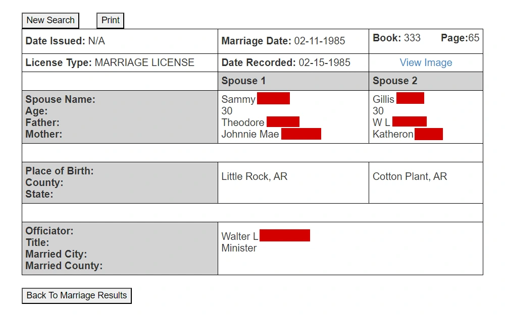 Screenshot of the detailed record of marriage showing the license type, names of spouses and their respective parents, places of birth, dates of marriage and recording, and name of officiator.