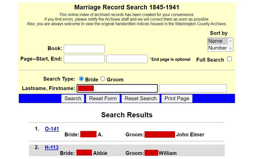 Screenshot of the archived marriage records search tool, showing fields for book and page numbers or party names, with the results listing the names of the bride and groom, and a link to the certificate.