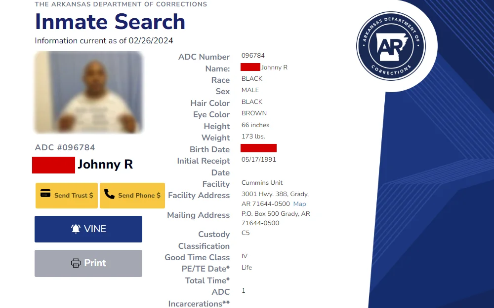 Screenshot of an inmate detail from the inmate search results from Arkansas of Corrections, showing the inmate's mugshot, ADC number, personal information, initial receipt date, facility, and custody among others.