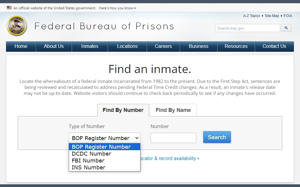 A screenshot from the Federal Bureau of Prisons, showing the search by number tab and the options inside the drop down menu namely the BOP register number, DCDC number, FBI number, and INS number.