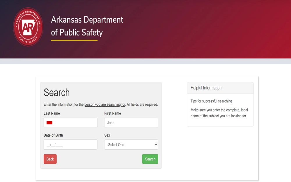 A screenshot of the Arkansas Department of Public Safety website where criminals records can be searched by first and last name. 