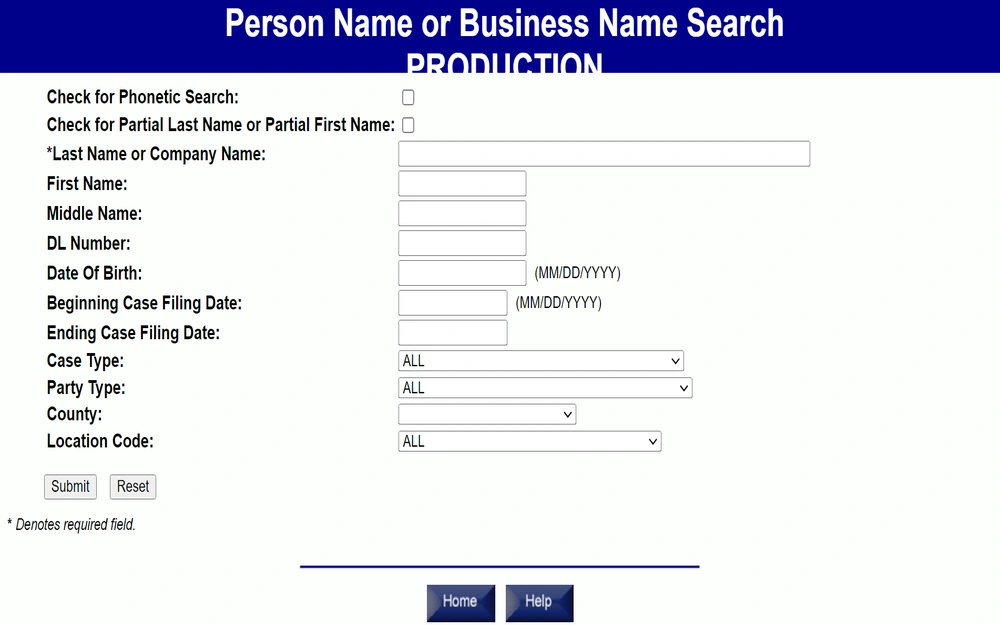 A screenshot from the AOC CourtConnect search form that allows for searching by individual or business name, with various fields to input the last name or company name, first name, middle name, driver's license number, date of birth, and case filing dates, along with dropdown menus for case type, party type, and county location.