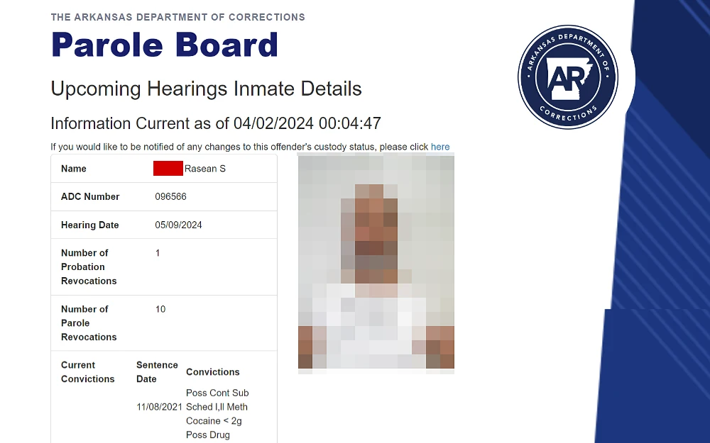 A screenshot of the upcoming hearings inmate details from the Arkansas Department of Corrections website, with a mugshot picture and information including the complete name, ADC number, hearing date, number of probation revocations, current convictions, sentence date, and conviction details.