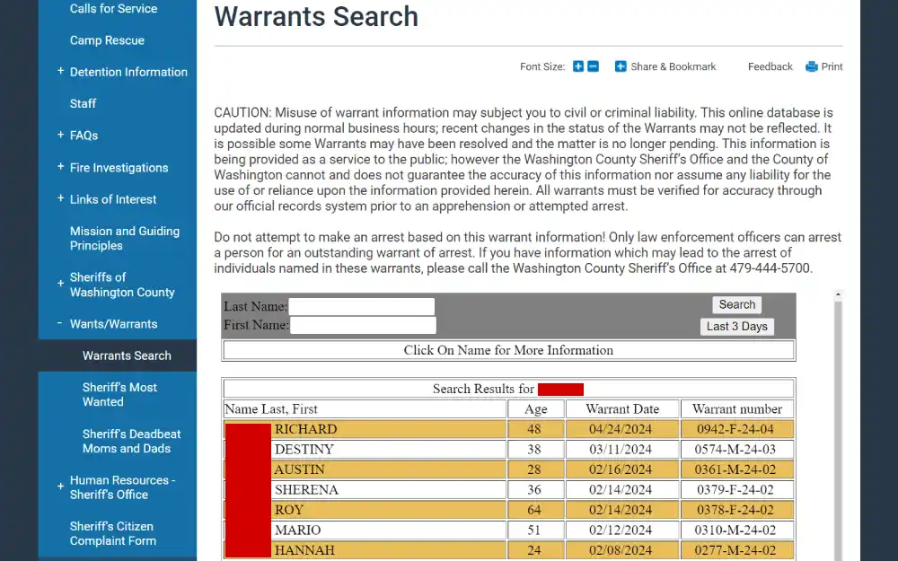 A screenshot from the Washington County Sheriff’s Office featuring a warrant search function with search fields for last and first names and a list of search results showing names, ages, warrant dates, and warrant numbers.