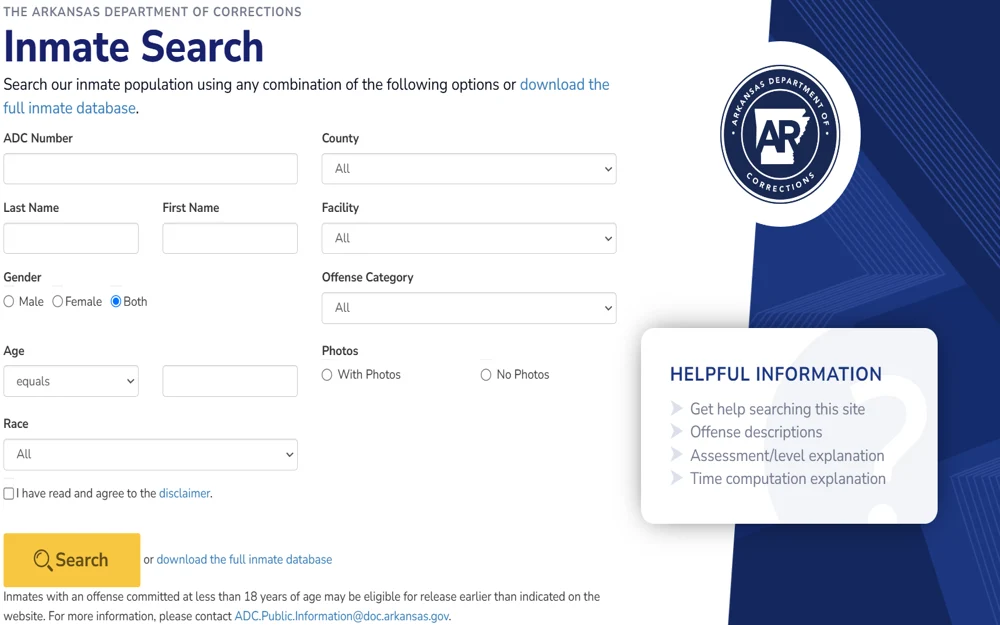 A screenshot from the Arkansas Department of Corrections website featuring an inmate search form that allows users to search by multiple criteria such as ADC number, name, gender, age, race, facility, and offense category, with options to filter by photos and additional helpful information links provided.