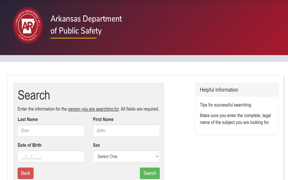 A screenshot of the Arkansas Department of Public Safety website showing a search form where users can enter personal details like last name, first name, date of birth, and sex to find specific information, along with tips for effective searching.