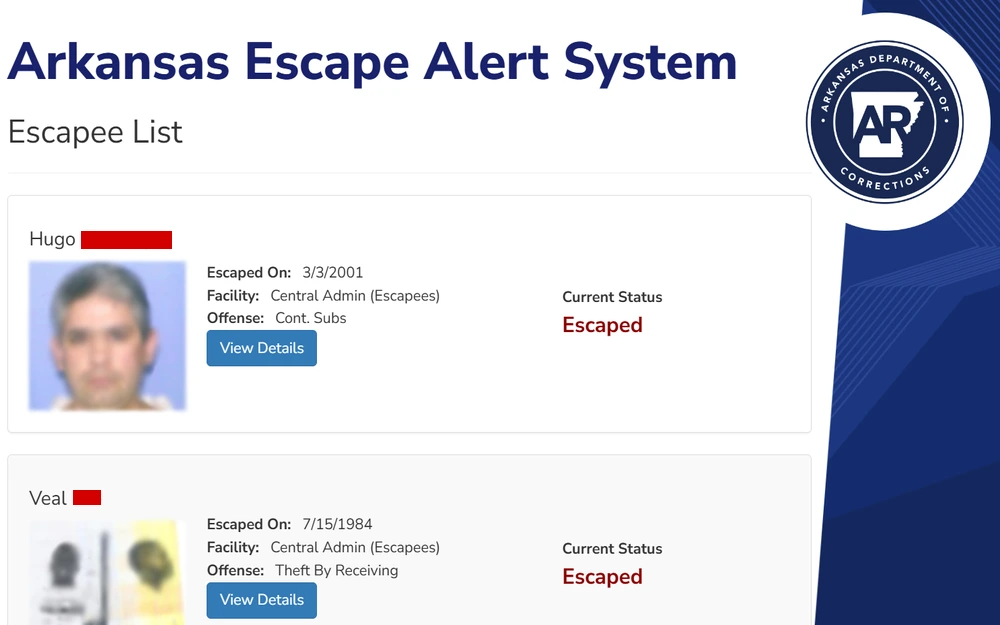 A screenshot from the Arkansas Department of Corrections showing the "Escapee List" page with profiles of escaped individuals, including their photos, escape dates, facilities from which they escaped, offenses, and a button to view more details about each case.