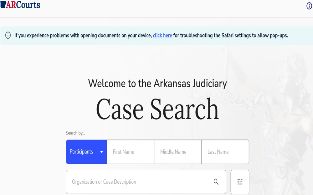 A screenshot of the Arkansas Judiciary's case search portal, offering a clean interface for users to search legal cases by participants' names or case descriptions, highlighted with a visual representation of justice in the background.