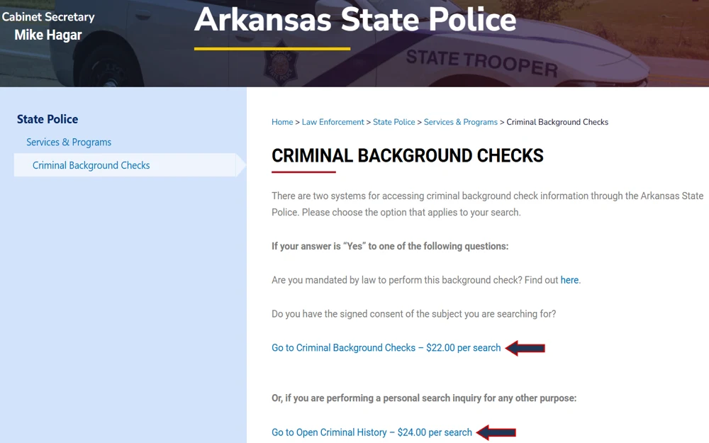 A screenshot of the Arkansas State Police website detailing the process and pricing for conducting background checks, providing different options based on user requirements and legal permissions.
