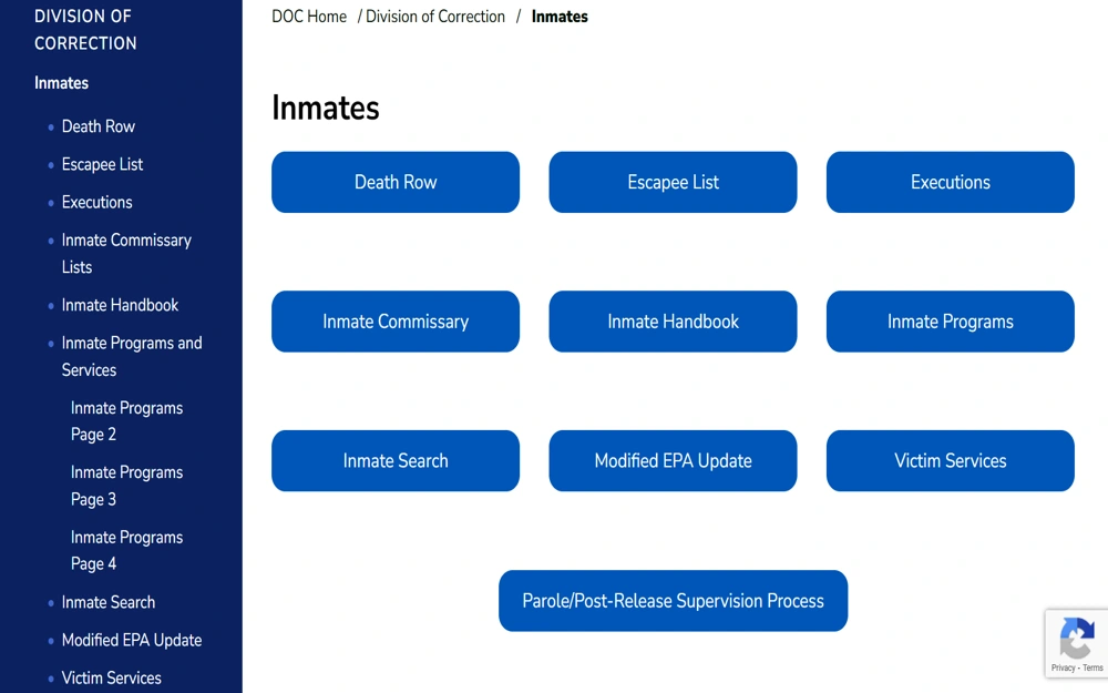 A screenshot of the Arkansas Department of Corrections website displaying a detailed navigation menu for inmate resources, including links to sections such as Death Row, Inmate Search, Inmate Commissary, and various programs and services offered to inmates.