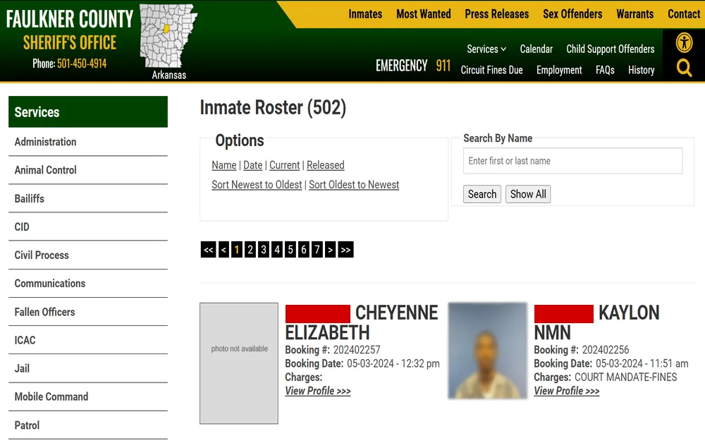 A screenshot of the Faulkner County Sheriff's Office website shows their inmate roster page, which displays inmate profiles with details such as booking number, booking date, and charges and includes sorting options and a search bar for finding specific inmates.