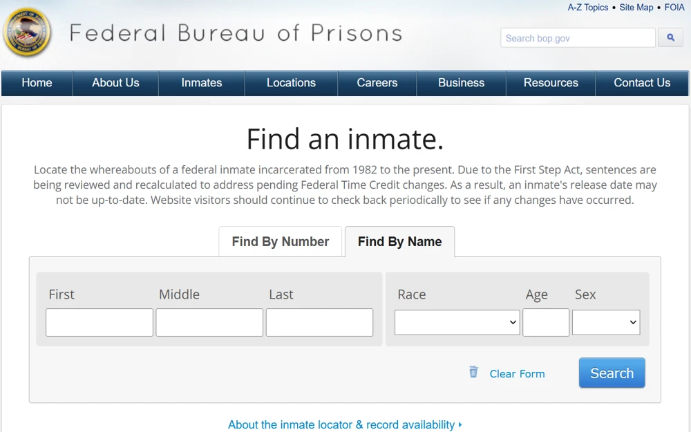 A screenshot of the Federal Bureau of Prisons website showing the "Find an inmate" search page, which includes options to search by number or name, with additional fields for first, middle, and last names, race, age, and sex, under a notice regarding sentence recalculations due to legislative changes.