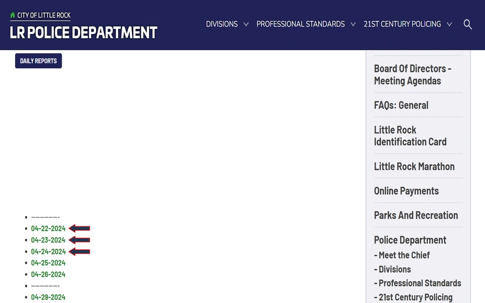A screenshot of the Little Rock Police Department website featuring sections for daily reports and various administrative and community services like board meeting agendas, marathon events, and online payment options.