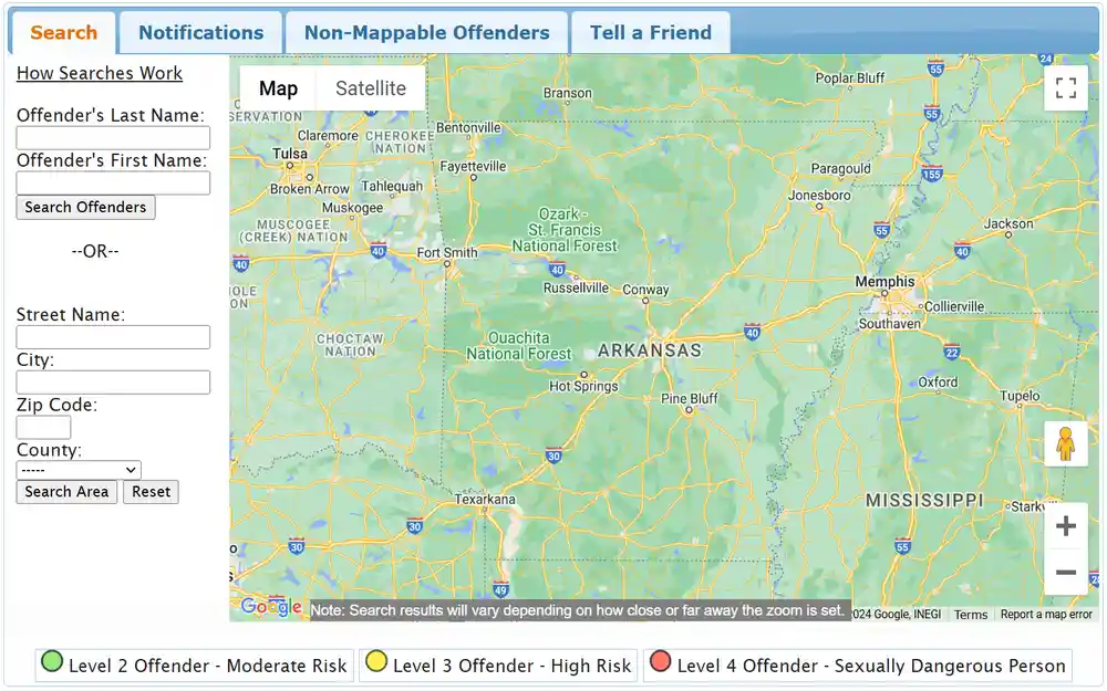A screenshot from the Arkansas Department of Public Safety displays a map tool designed to locate offenders in the region, featuring search fields for offender name, street, city, zip code, and county, along with risk level indicators and the option to switch between map and satellite views.