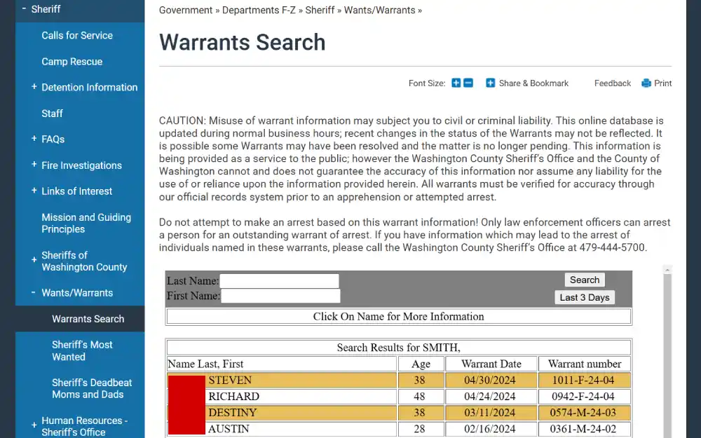 A screenshot of the Washington County Sheriff's Office website displaying a warrant search tool allows the public to search for warrant information by name and view a list of recent entries, with a cautionary note about the proper use of the data provided.